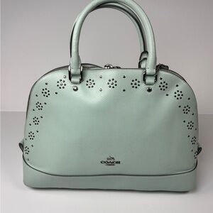 Coach Mint Green Sierra Leather w studded floral accent.  Crossbody strap.